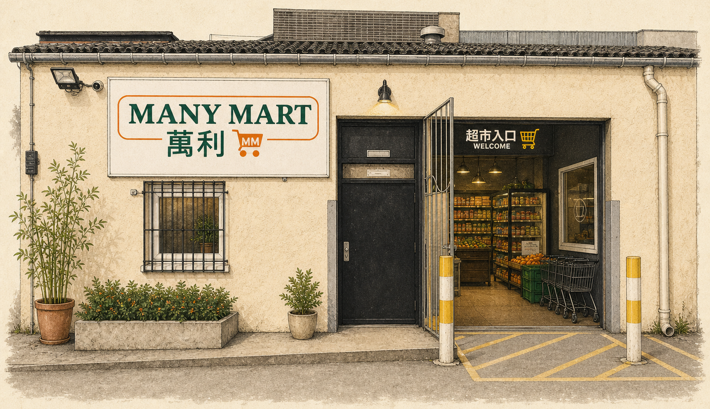 Illustrated front view of the Many Mart storefront on Merkland Road East.